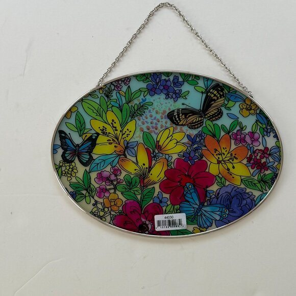 Butterfly & Floral Oval Glass Suncatcher With Chain By Bridgeton Hall - Picture 3 of 5